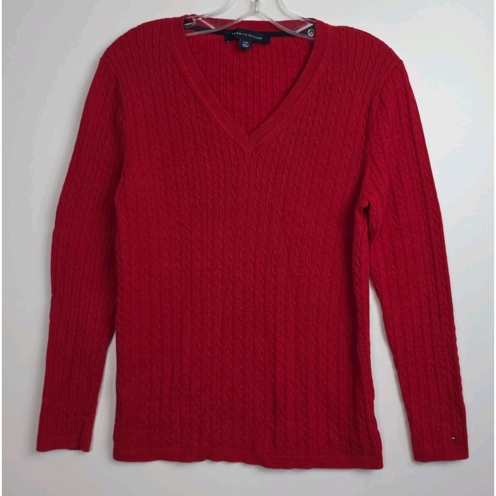 Tommy Hilfiger V-Neck Sweater Women's L Red Long Sleeves Embroidered Logo